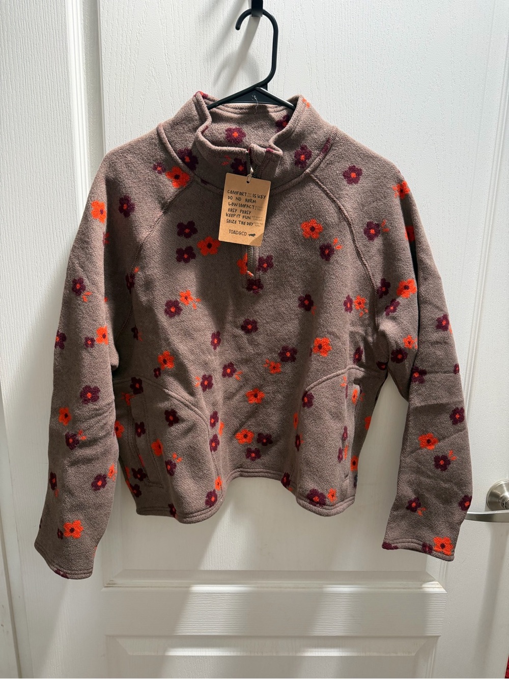 Toad&Co Kennicott 1/4 Zip Pullover - Wool - Brown with Red & Burgundy Floral